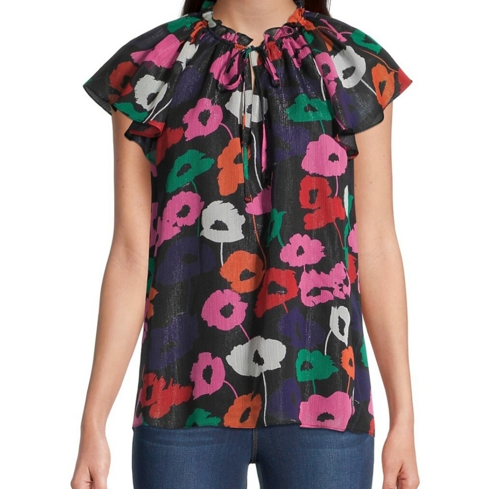 Beautiful Milly Poppy Print Lurex Ruffle sleeve top SMALL